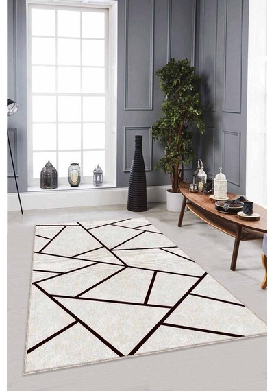 Bej Geometrik Kaymaz Tabanlı Makinede Yıkanabilir Halı Rv164n11
