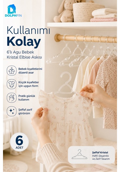 Kristal Bebe Askısı 6 Lı Bebek Çocuk Kıyafet Askısı Şeffaf Plastik Dolap Düzenleyici Askı Beyaz
