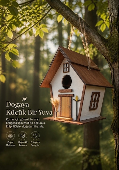 El Yapımı Ahşap Kuş Yuvası Dekoratif Kuş Evi Bahçe Balkon Dekorasyon Vernikli Kızılağaç