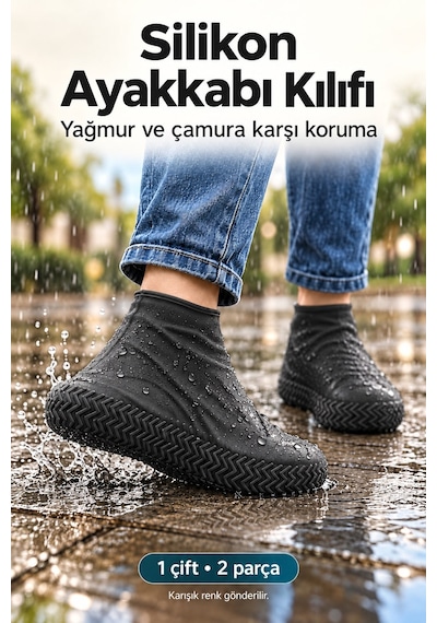 Silikon Ayakkabı Kılıfı Kaymaz Taban Su Ve Çamur Geçirmez M Beden Yağmur Koruyucu Siyah