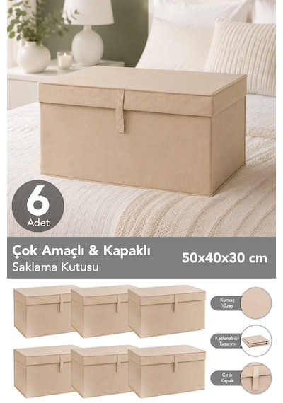 6'lı Set Maxi Boy Hurç - Çok Amaçlı Organizer Kapaklı Saklama Kutusu 50x40x30cm Bej