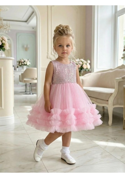 Butikhappykids Kız Çocuk Pembe Payetli Volanlı Tüllü Prenses Abiye Elbise 1-5 Yaş Pembe