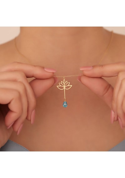 925 Ayar Altın Mikron Kaplama Drop Taşlı Lotus Çiçeği Gümüş Kolye - Cns00592 Altın