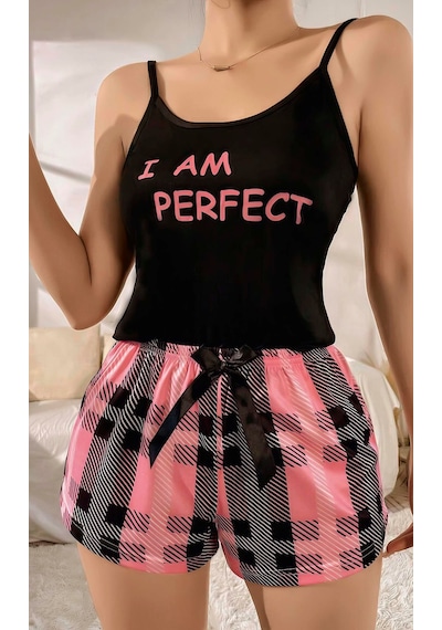 Motto10 Butik Kadın Siyah Kare Desenli Askılı Şortlu Pijama Takım 5012