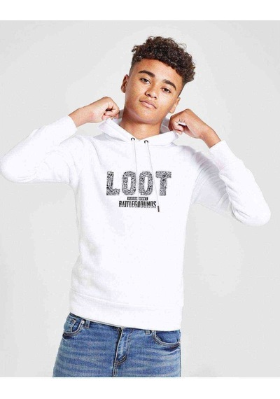 Tshirthane Pubg Loot Beyaz Baskılı Unisex Çocuk Kapüşonlu Beyaz Sweatshirt Beyaz