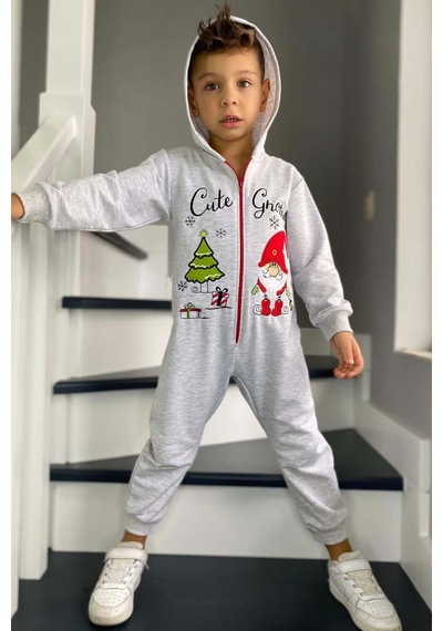 Riccotarz Kız Erkek Bebek Üzerinde Noel Baba Ve Ağaç Önü Fermuarlı Kapüşonlu Gri Tulum Gri