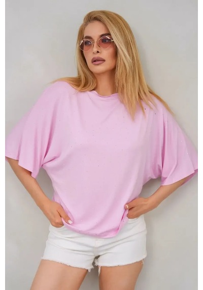 Park Karon Kadın Taş İşlemeli Yarasa Kol Viskon Penye Bluz 26063 Pembe