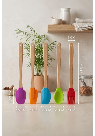 5'li Silikon Ve Bambu Saplı Mutfak Gereçleri Seti-spatula,fırça Servis Maşa Seti Çok Renkli