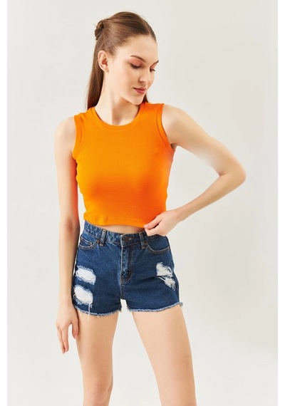 Butikgiz Kadın Sıfır Kol Bisiklet Yaka Vücuda Oturan %100 Pamuklu Kaşkorse Esnek Crop Bluz Turuncu