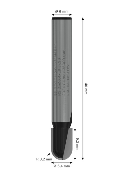 2608628460-000 2608628460 Oyuk Freze 6 Mm R1 3.2 Mm D 6.35 Mm U 9,1 Mm G 40 Mm