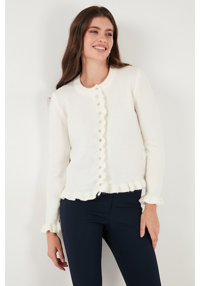 Lela Premium Pile Detaylı Regular Fit Yuvarlak Yaka Triko Bayan Hırka 680Hi00038 Ekru