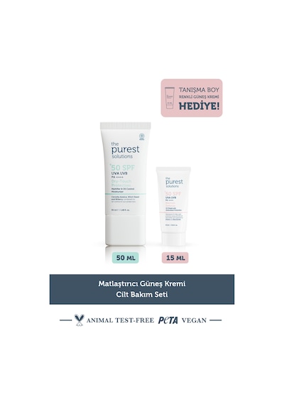 The Purest Solutions Matlaştırıcı Güneş Kremi Cilt Bakım Seti: 50 ml SPF 50 + 15 ml Blemish Defense Tanışma Boy