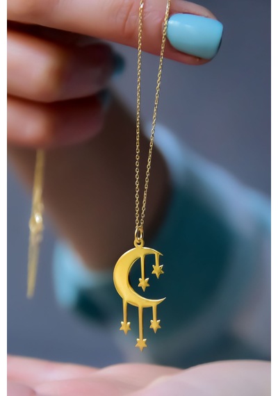 Papatya Silver 925 Ayar Gümüş Gold Kaplama Kesim Dilek Yıldızı Hilal Kolye