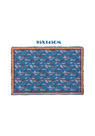 Retro Tropic Mavi Desen İç Göstermeyen Saten Pareo Çok Renkli