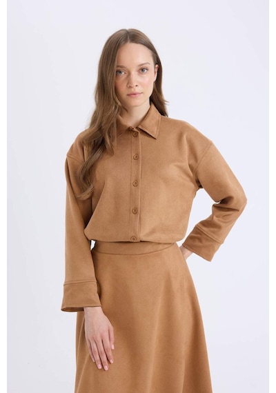 DeFacto Regular Fit Süet Uzun Kollu Gömlek Tunik E5917AX24WNBG138