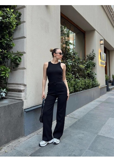 Defymoda Kadın Kaşkorse Kumaş Atlet Ve Yüksek Bel Bol Paça Pantolon Ikili Takım Siyah