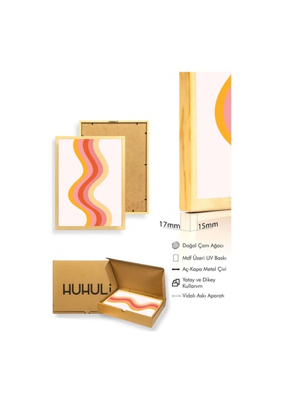 Doğal Ahşap Çerçeveli Retro Tablo - Soyut Dalga Deseni - Canlı Tonlar Huhu2474