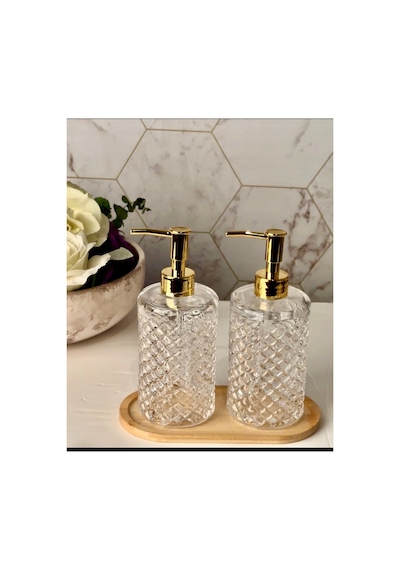 Bambu Standlı 2 Li Gold Başlıklı Kristal Cam Sabunluk Set Sarı Sarı