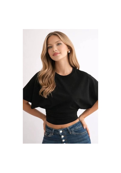 Mayrem Kadın Siyah Yarasa Kol Drapeli Crop Bluz