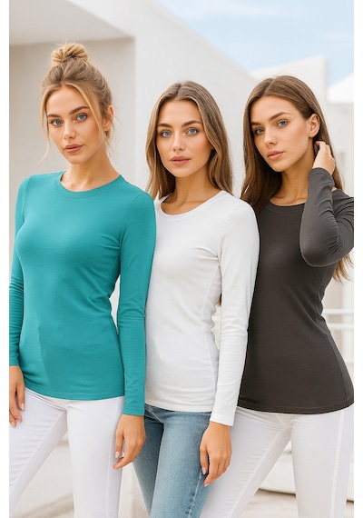 Kadın Füme-turkuaz-beyaz 3'lü Paket Bisiklet Yaka Uzun Kollu Body Füme-turkuaz-beyaz
