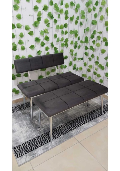 Özcan Metal Krom Metal Ayaklı Bench Sırtlı Mutfak Salon Antre Yatak Odası Puf Bank Oturak Takımı Gri