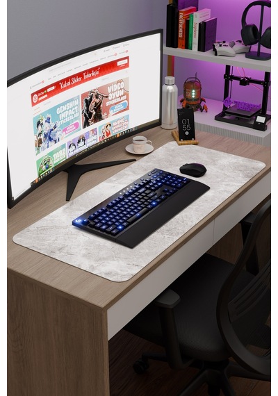 Beyaz Mermer Kaymaz Dikişli Kauçuk Oyuncu Mousepad V4 - 90x40 Xxl Gaming Mouse Pad Fare Altlığı