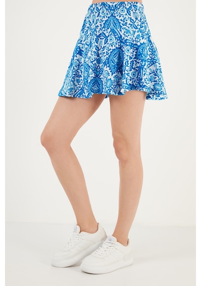 Lela Desenli Beli Lastikli Mini Bayan Şort Etek 5865118 Mavi