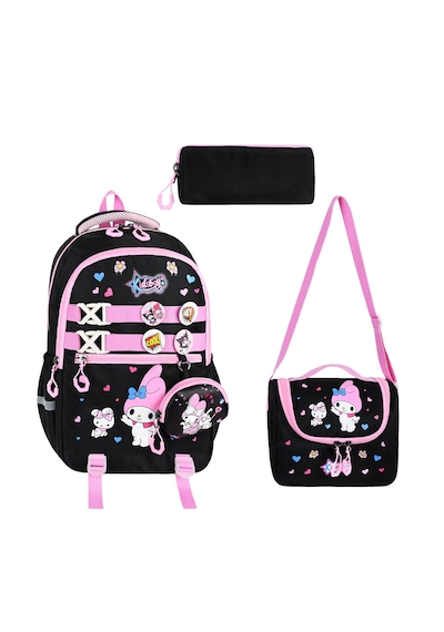 My Melody Baskılı Aksesuarlı Ortopedik Su Geçirmez Ultra Lüx Okul Çantası Termal Beslenme Ve Kalemlik Siyah