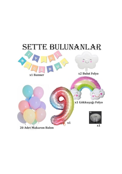 Gökkuşağı Bulut Konsepti 9 Yaş Doğum Günü Parti Kutlama Seti
