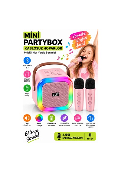 Blic Bls-97 Pembe Partybox Çift Kablosuz Mikrofonlu Rgb Led Işıklı Taşınabilir Bluetooth Hoparlör