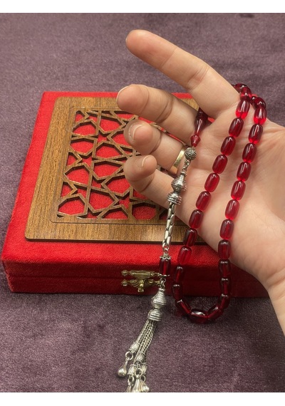 Alpaka Püsküllü Kapsül Kesim Kırmızı Ateş Kehribar Tesbih 7x11 Mm