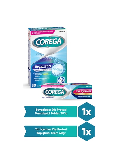 Corega Protez Beyazlatıcı Tablet 30'lu + Tat İçermez Protez Yapıştırıcı Krem 40 G
