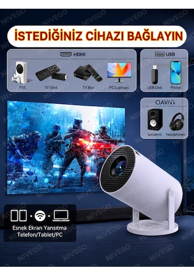 Nivego Kablosuz Projeksiyon Cihazı 130 İnç Destekli Android Uyumlu Mini Projektör Wifi Ekran Yansıtma Ev Sinema Cihazı