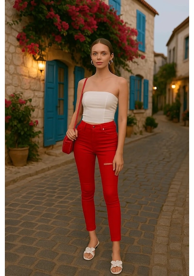 Blue White Kadın Yırtık Detaylı Jean Pantolon Kırmızı 001 Kırmızı 26