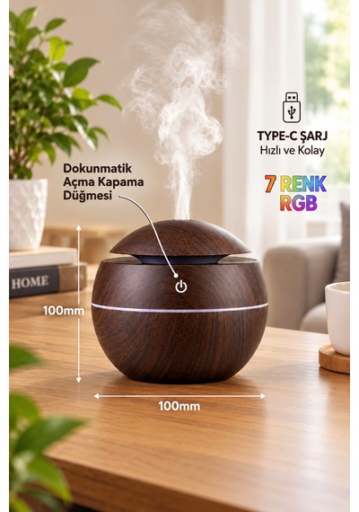 Şarjlı Led Işıklı Ultrasonik Hava Nemlendirici Buhurdanlık Ev Ve Araç İçin Usb Port Ceviz Renk Mini Boy Aromaterapi Difüzör