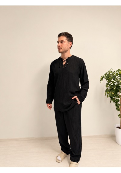 Erkek Hac Umre Takımı Kırınkıl Kumaş Rahat Kalıp Gömlek Pantolon İkili Takım İpli Siyah