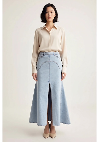 Benerly Kadın Maxi Denim Etek Yüksek Bel Yırtmaçlı Uzun Kesim %99 Pamuk K Açık Mavi