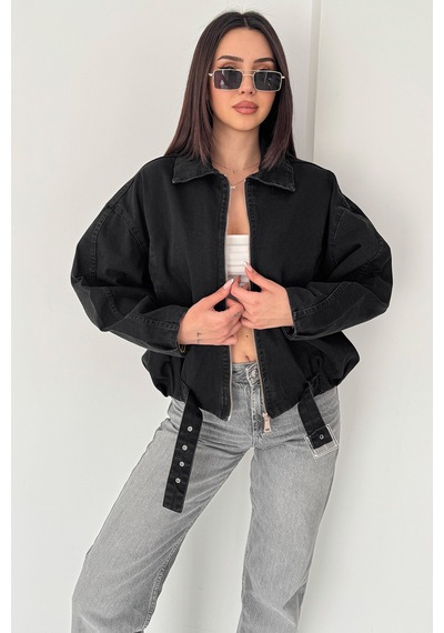 Blanco Kadın Kemer Detaylı Kot Ceket Oversize Fermuarlı Denim Ceket Siyah Siyah