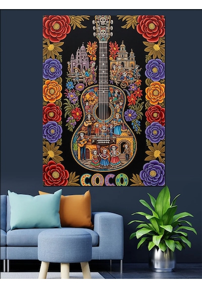 Ahşap Tablo Gitar Çiçekler Müzik Teması Dekoratif Tablolar