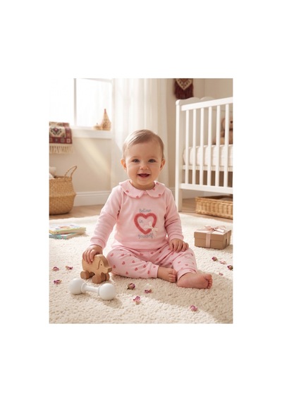 Deniva Kids Kız Bebek Pembe Bebe Yaka Kalp Baskılı Ve Nakış Detaylı Pamuklu 2'li Alt Üst Takım