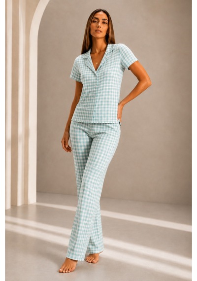 Kadın Kısa Kol Rahat Kalıp Şık Su Yeşili Pijama Takımı