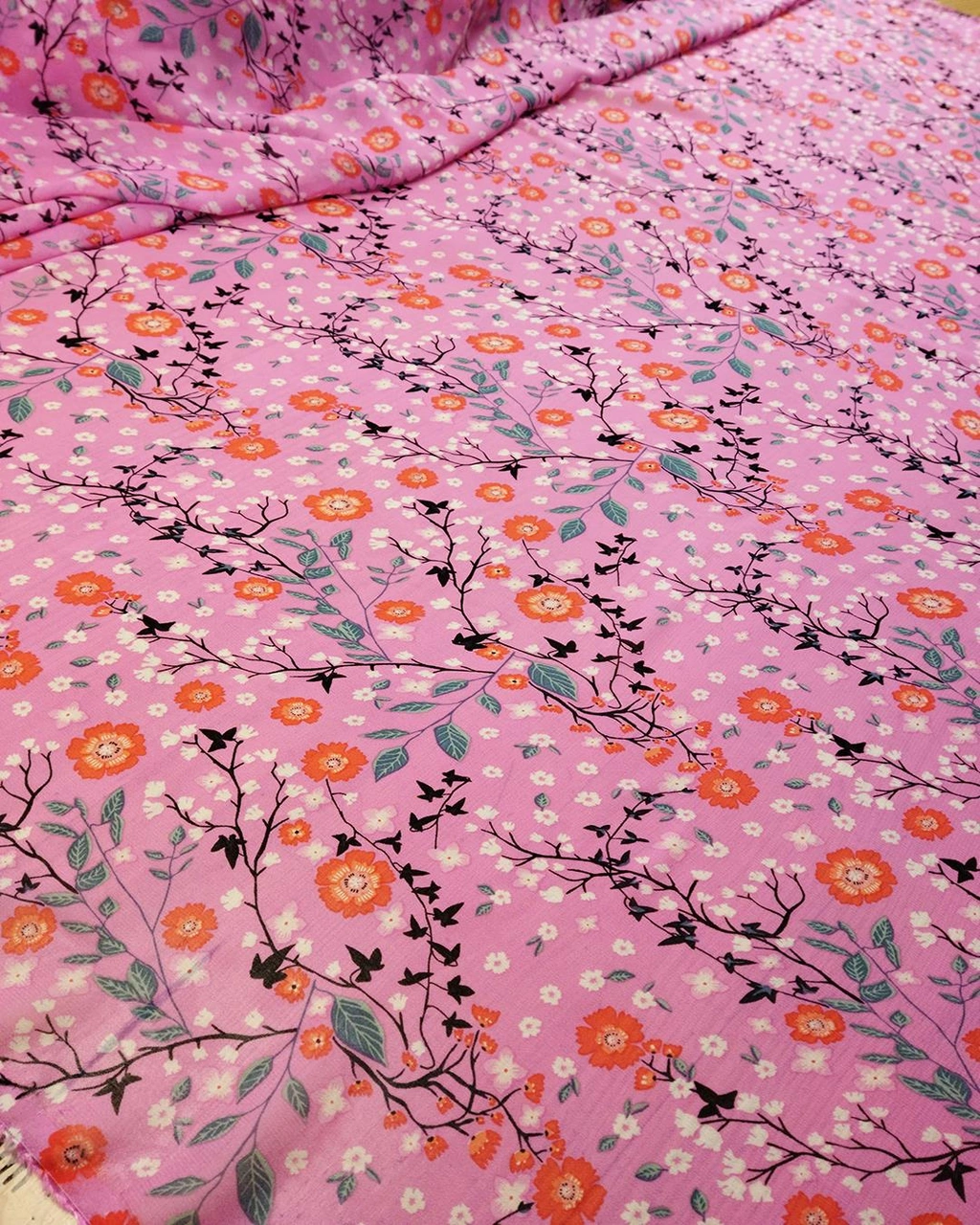 Şifon Japon Çiçeği Desenli Fuşya Pembe Mor Renklerde En: 140 Cm-1431 Renkli