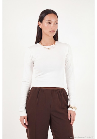 Lela Pamuklu Bisiklet Yaka Crop Bluz Kadın Bluz 5867060 Ekru