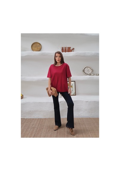 Paw Garage Kadın Mia İnterlok Kumaş Bisiklet Yaka Oversize T-shirt Bordo