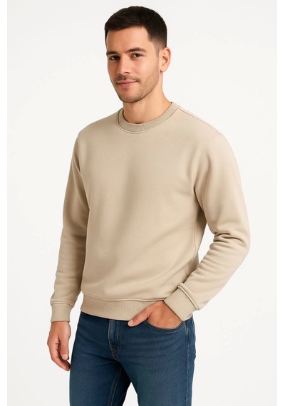 Etiler Collection Erkek Üç İplik Düz Bisiklet Yaka Sweatshirt - Bej