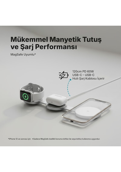 Ttec AirCharger Trio Pro Qi2 MagSafe 15 W iPhone - Android 3’ü 1 Arada Katlanabilir Kablosuz Hızlı Şarj Pedi