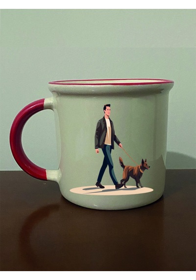 Köpek Gezdiren Adamlı Kırmızı Ağızlı Kupa Bardak - Seramik Çay, Kahve Hediyelik Bardağı Beyaz