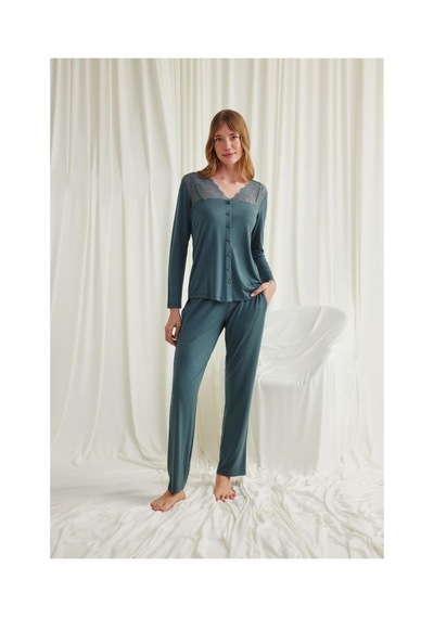 Mulvxbrf Brf02 Yakası Omzu Ve Paçası Dantelli Boydan Düğmeli Pijama Takımı Mulvix Renkli