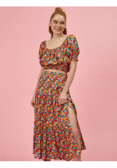 Koton Çiçekli Bluz Crop Kısa Kollu Fuşya Desenli 1yak63883ew 1YAK63883EW47E