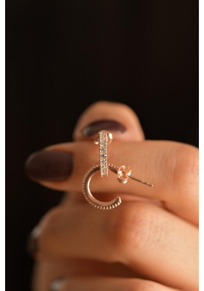 Zirkon Taşlı Rose Halka Model Çivili Gümüş Küpe K Gümüş